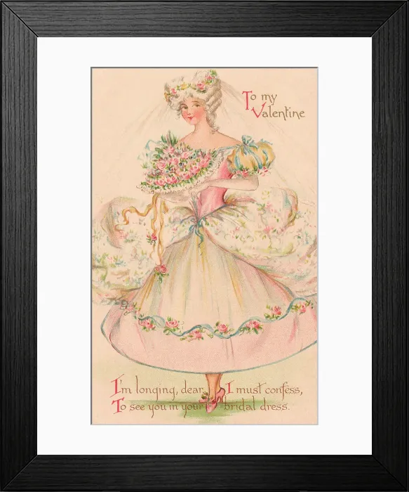 Framed Print : Valentine. Image depicting a pretty girl in a floral wedding dress. Date: circa 1906 Framed Print : Valentine. Image depicting a pretty girl in a floral wedding dress. Date: circa 1906