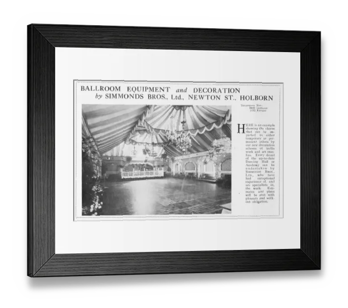 Framed Print : Ballroom Equipment and Decoration for Simmonds Bros, London Framed Print : Ballroom Equipment and Decoration for Simmonds Bros, London