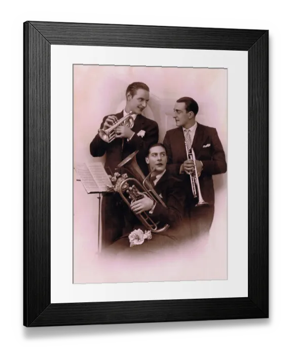 Framed Print : Postcard showing three smart, yet effete, French musicians Framed Print : Postcard showing three smart, yet effete, French musicians