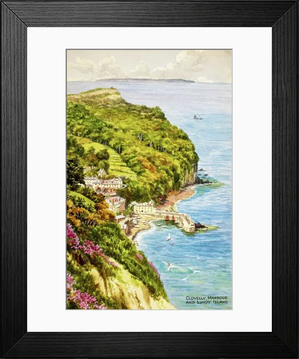 Framed Print : Clovelly Harbour and Lundy Island, Devon Framed Print : Clovelly Harbour and Lundy Island, Devon