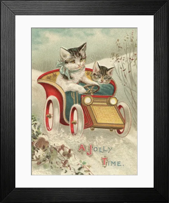 Framed Print : Kittens. Christmas card depicting kittens taking a drive in an open-top car. Date: 1904 Framed Print : Kittens. Christmas card depicting kittens taking a drive in an open-top car. Date: 1904