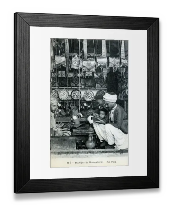 Framed Print : Morocco - a leather goods boutique / shop / stall