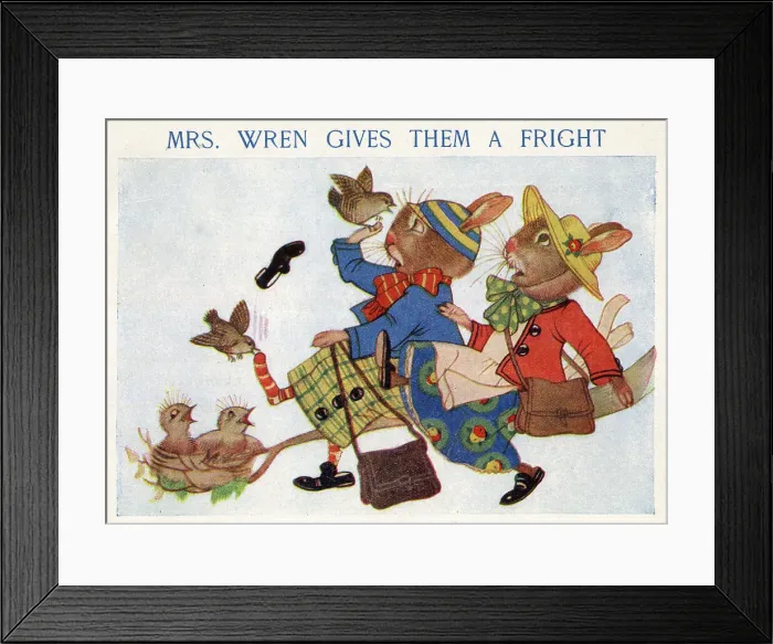 Framed Print : The Bunnies - Mrs Wren gives them a fright Framed Print : The Bunnies - Mrs Wren gives them a fright