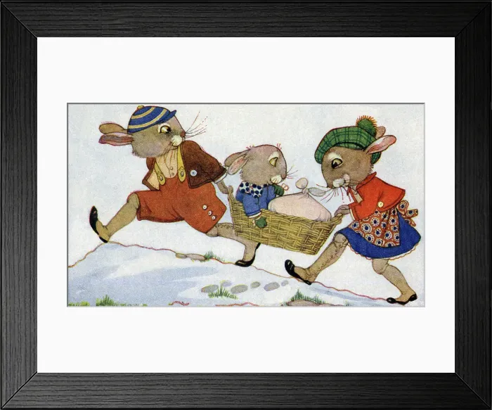 Framed Print : The Bunnies climb a hill with a basket Framed Print : The Bunnies climb a hill with a basket