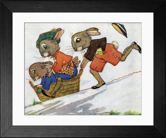Framed Print : The Bunnies ride down the hill in a basket Framed Print : The Bunnies ride down the hill in a basket