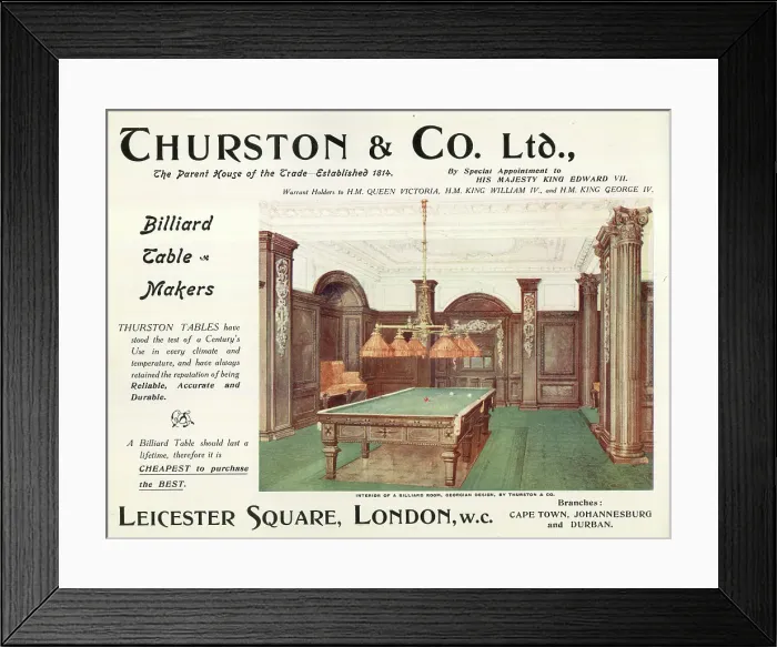 Framed Print : Advert, Thurston & Co Ltd, Billiard Table Makers, London Framed Print : Advert, Thurston & Co Ltd, Billiard Table Makers, London