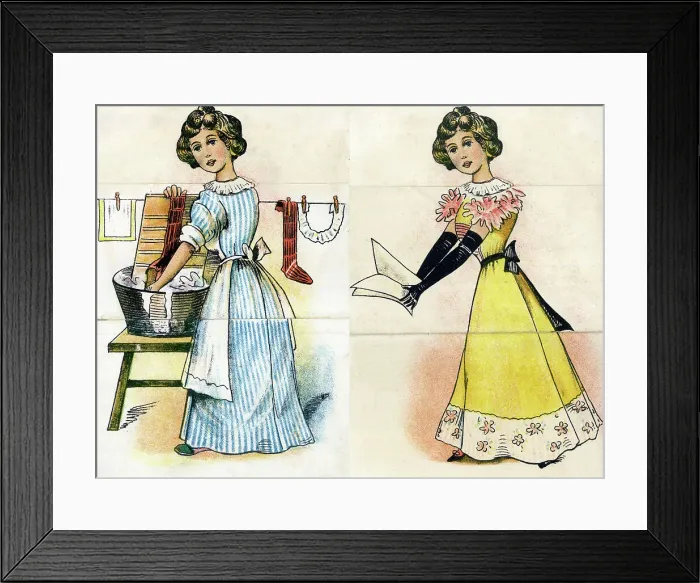 Framed Print : Upstairs Downstairs, maid doing laundry, lady singing Framed Print : Upstairs Downstairs, maid doing laundry, lady singing