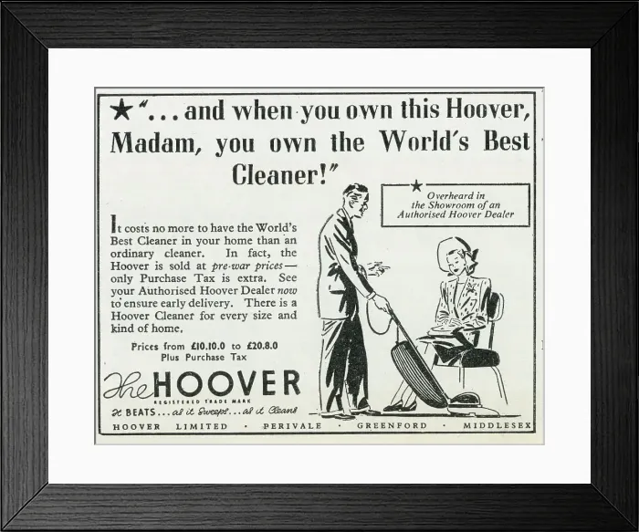 Framed Print : Advert for Hoover, World's Best Vacuum Cleaner Framed Print : Advert for Hoover, World's Best Vacuum Cleaner