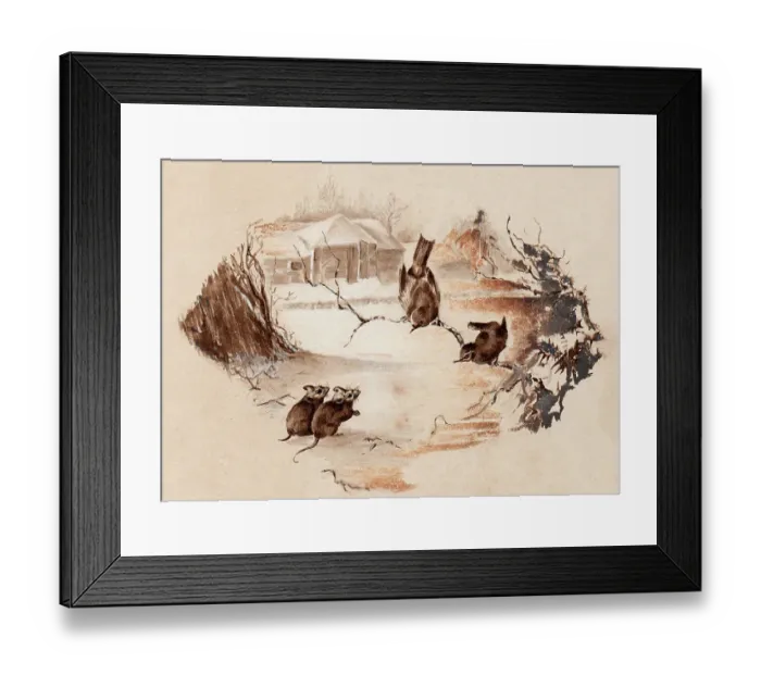 Framed Print : Hand painted illustration of birds and mice Framed Print : Hand painted illustration of birds and mice