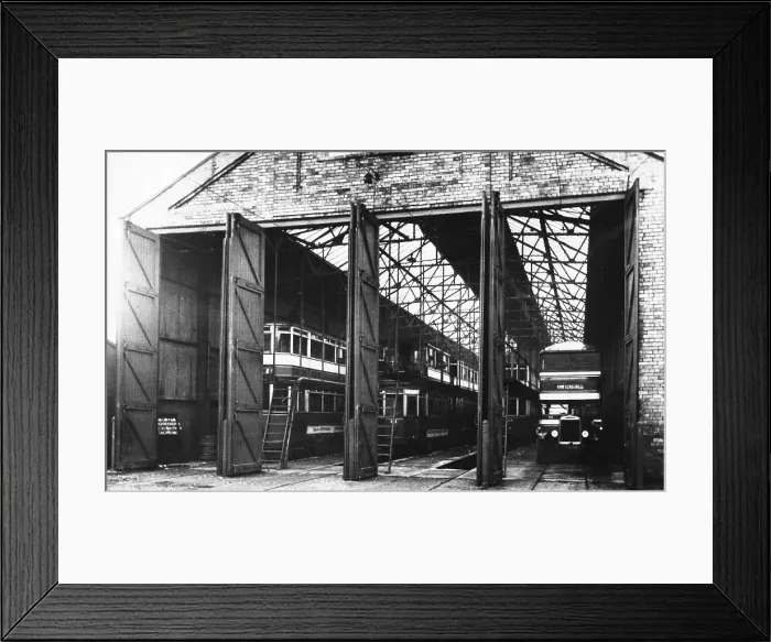 Framed Print : Rawtenstall bus and tram depot, possibly 1920s Framed Print : Rawtenstall bus and tram depot, possibly 1920s