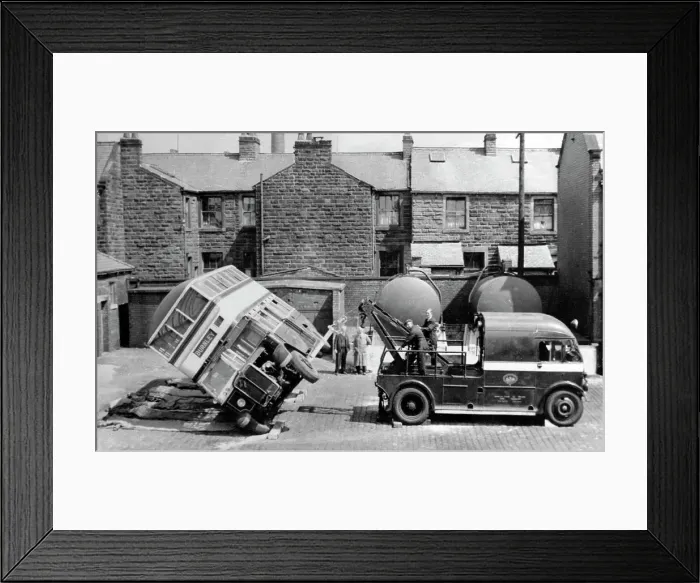 Framed Print : Bus tilt test, Burnley, possibly 1940s Framed Print : Bus tilt test, Burnley, possibly 1940s
