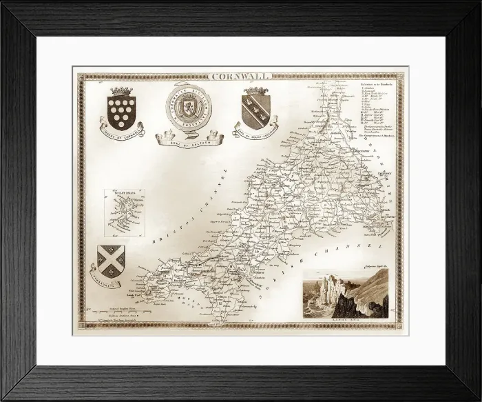 Framed Print : 1840s Victorian Map of Cornwall Framed Print : 1840s Victorian Map of Cornwall