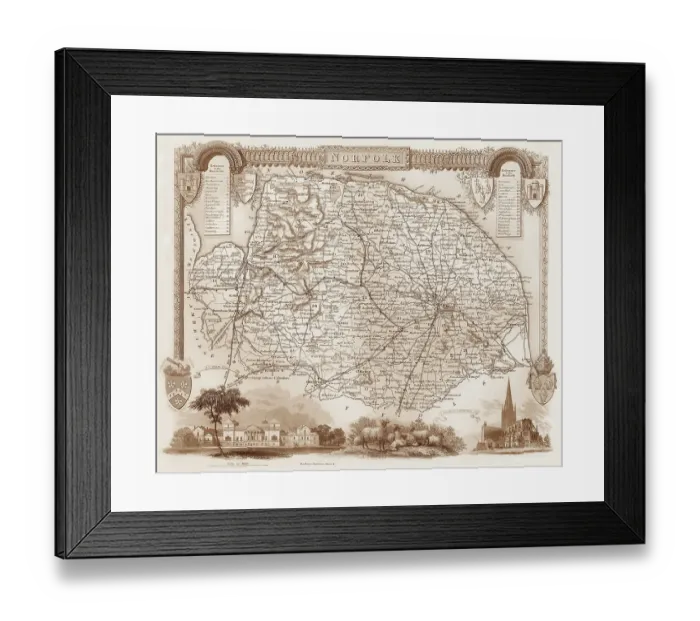 Framed Print : 1840s Victorian Map of Norfolk Framed Print : 1840s Victorian Map of Norfolk