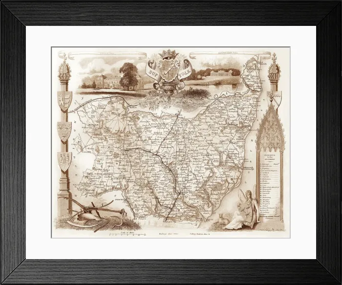 Framed Print : 1840s Victorian Map of Suffolk Framed Print : 1840s Victorian Map of Suffolk