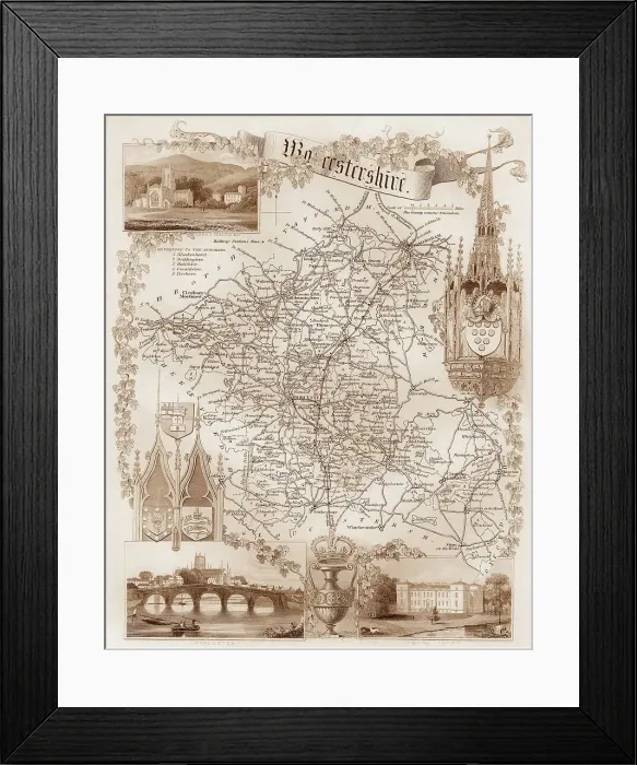Framed Print : 1840s Victorian Map of Worcestershire Framed Print : 1840s Victorian Map of Worcestershire