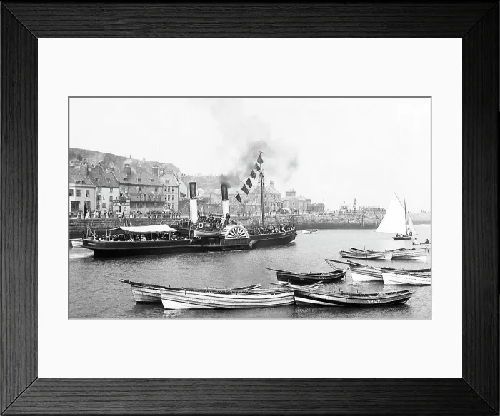 Framed Print : The paddle steamer to Scarborough leaving Whitby Framed Print : The paddle steamer to Scarborough leaving Whitby