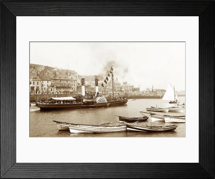 Framed Print : The paddle steamer to Scarborough leaving Whitby Framed Print : The paddle steamer to Scarborough leaving Whitby