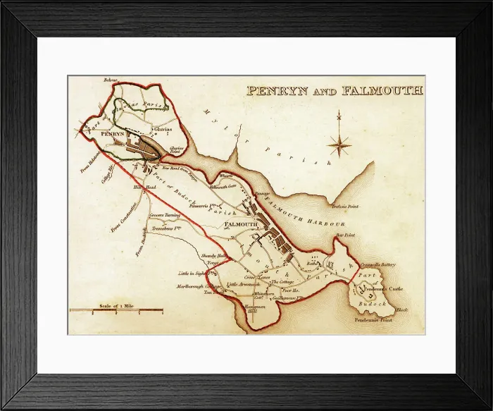 Framed Print : 1832 Victorian Map of Penryn and Falmouth Framed Print : 1832 Victorian Map of Penryn and Falmouth