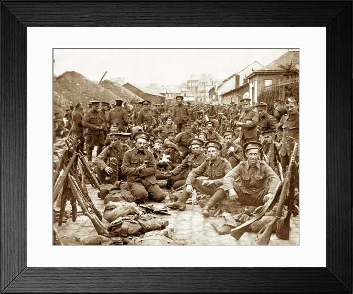 Framed Print : British Troops resting in a French Village in WW1 Framed Print : British Troops resting in a French Village in WW1