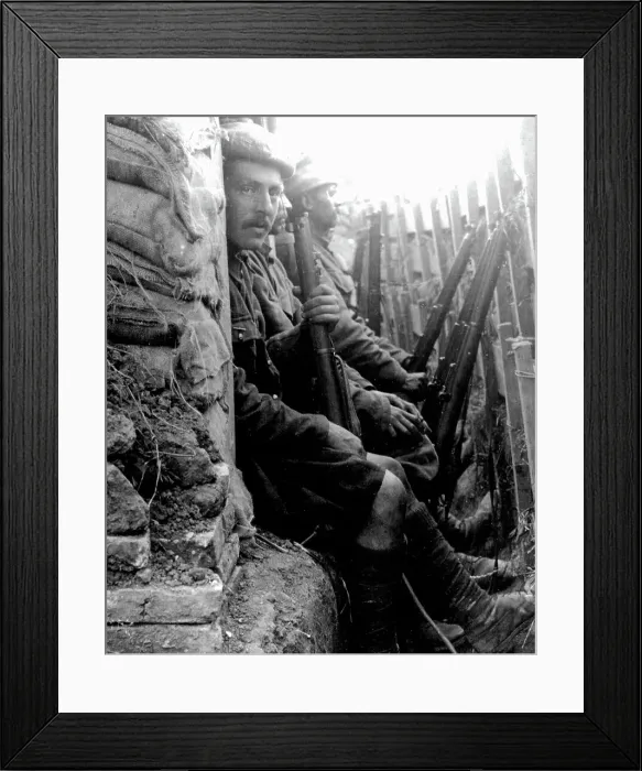 Framed Print : Black Watch and Indian soldiers in a trench near Calais, WW1 Framed Print : Black Watch and Indian soldiers in a trench near Calais, WW1