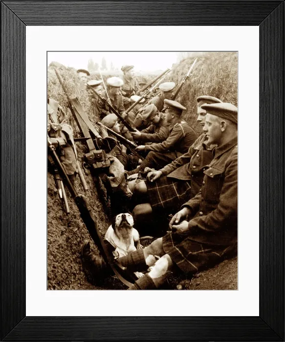 Framed Print : Seaforth Highlanders and dog in a WW1 trench Framed Print : Seaforth Highlanders and dog in a WW1 trench