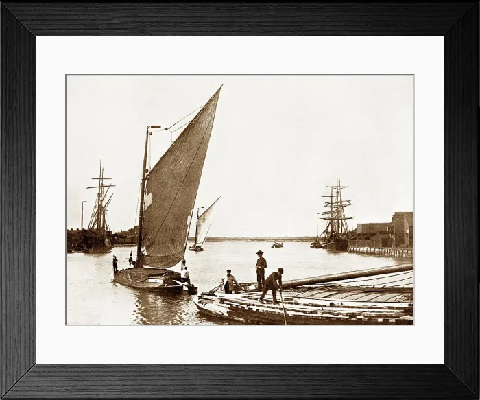 Framed Print : Wherries leaving for the Broads, Norwich, Victorian period Framed Print : Wherries leaving for the Broads, Norwich, Victorian period
