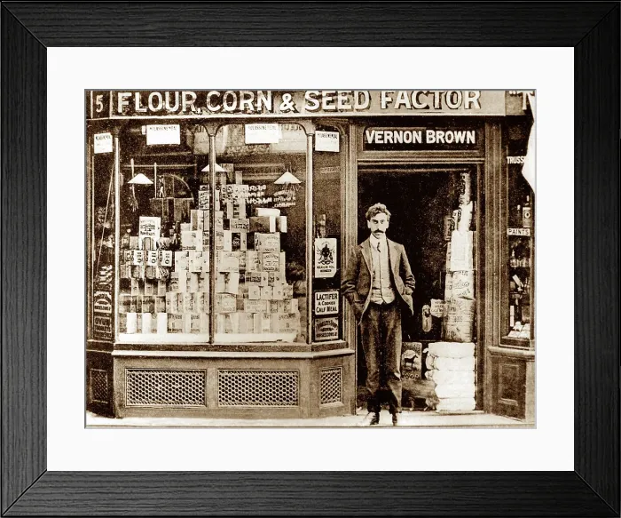 Framed Print : Seed and corn merchant, Uxbridge, early 1900s Framed Print : Seed and corn merchant, Uxbridge, early 1900s