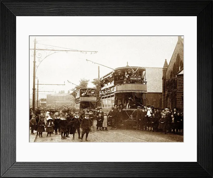 Framed Print : First tram from Leeds, Yeadon, early 1900s Framed Print : First tram from Leeds, Yeadon, early 1900s