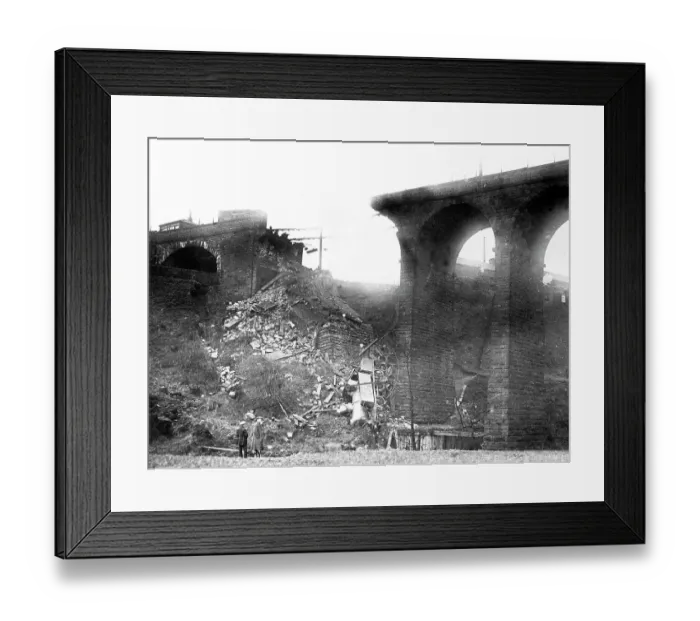 Framed Print : Collapsed railway viaduct in Penistone, February 2nd 1916 Framed Print : Collapsed railway viaduct in Penistone, February 2nd 1916