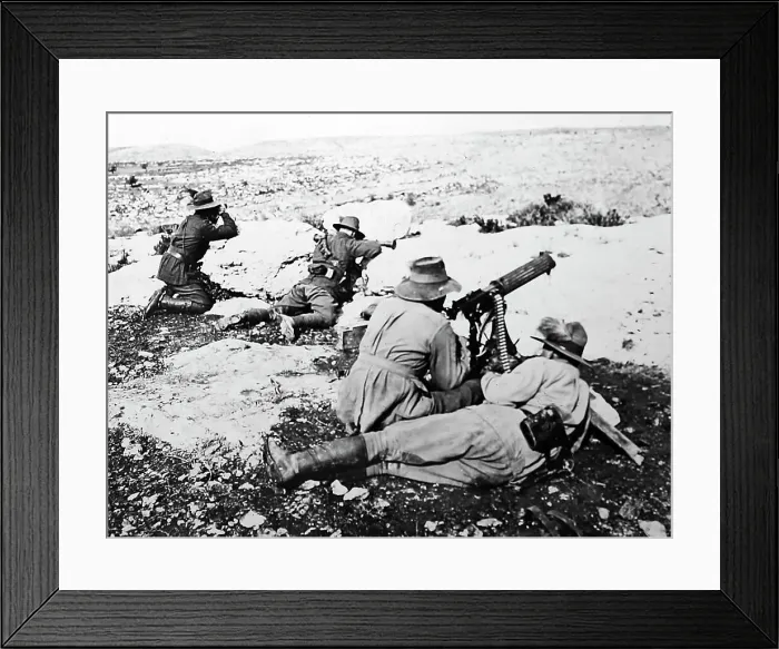 Framed Print : Australian soldiers firing a machine gun during WWI Framed Print : Australian soldiers firing a machine gun during WWI