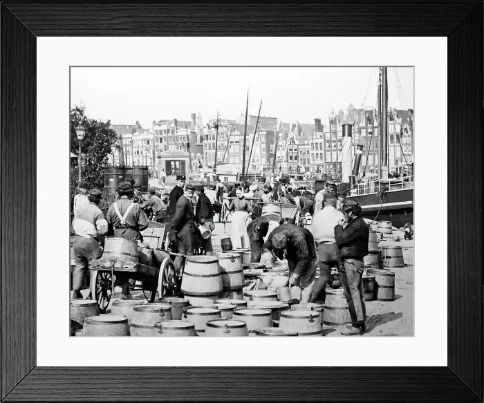 Framed Print : Selling milk on the quayside, Amsterdam, Victorian period Framed Print : Selling milk on the quayside, Amsterdam, Victorian period