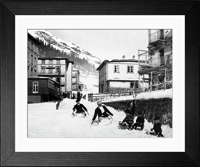 Framed Print : Family tobogganing in St. Moritz, Victorian period Framed Print : Family tobogganing in St. Moritz, Victorian period