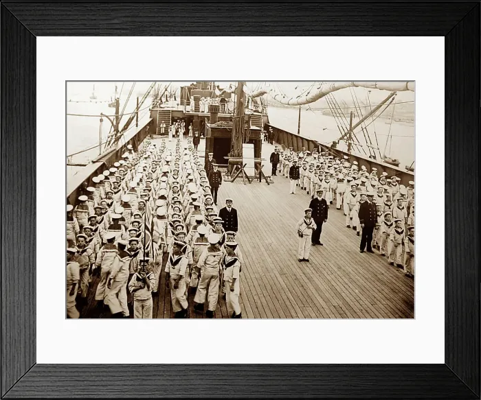 Framed Print : Boys drilling on deck, Training Ship Exmouth, early 1900s Framed Print : Boys drilling on deck, Training Ship Exmouth, early 1900s
