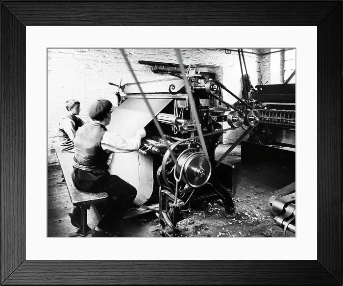 Framed Print : Cutting cloth in a woollen mill in Bradford Framed Print : Cutting cloth in a woollen mill in Bradford