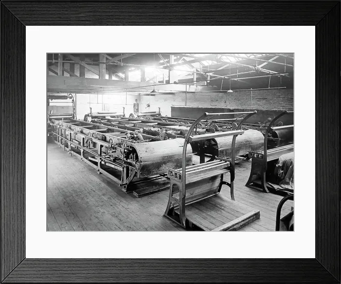 Framed Print : Tentering cloth in a woollen mill in Bradford Framed Print : Tentering cloth in a woollen mill in Bradford