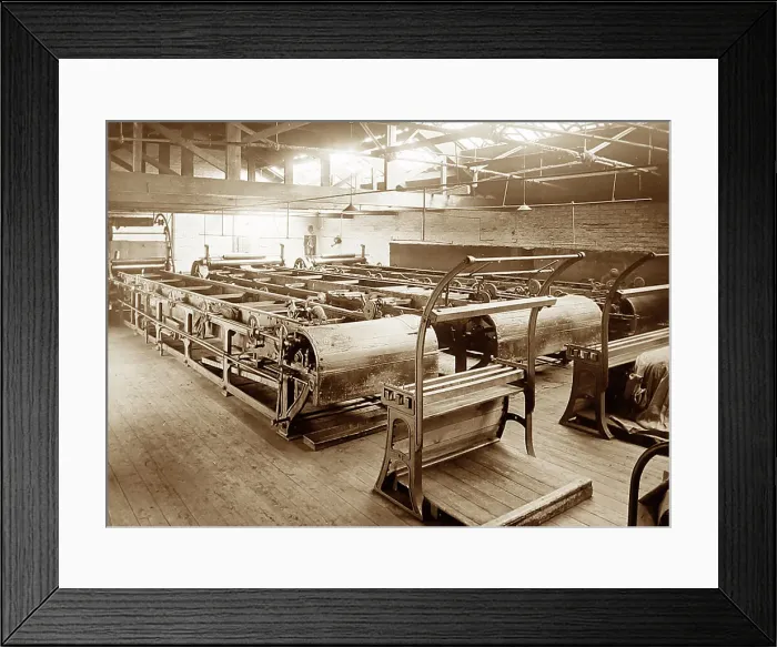 Framed Print : Tentering cloth in a woollen mill in Bradford Framed Print : Tentering cloth in a woollen mill in Bradford