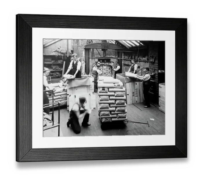 Framed Print : Packing finished cloth in a woollen mill in Bradford Framed Print : Packing finished cloth in a woollen mill in Bradford