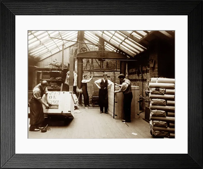 Framed Print : Packing finished cloth in a woollen mill in Bradford Framed Print : Packing finished cloth in a woollen mill in Bradford