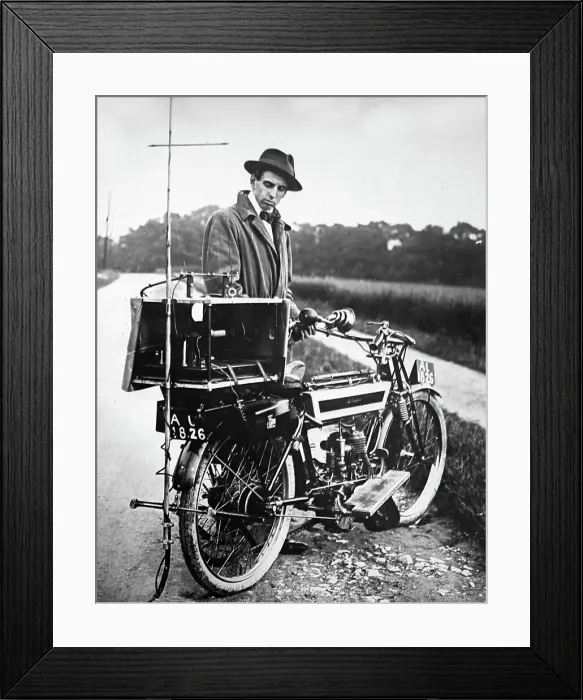 Framed Print : Motorcycle with radio transmitter, early 1900s Framed Print : Motorcycle with radio transmitter, early 1900s