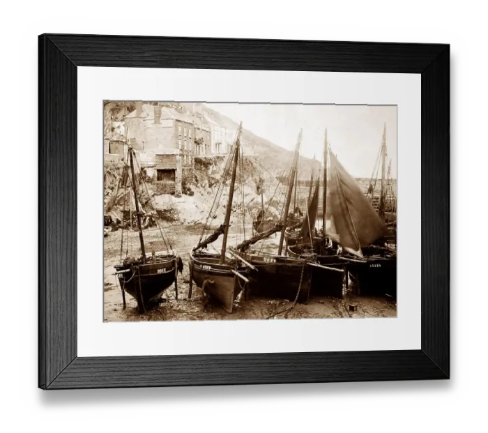 Framed Print : Fishing boats, Polperro Harbour, Victorian period Framed Print : Fishing boats, Polperro Harbour, Victorian period