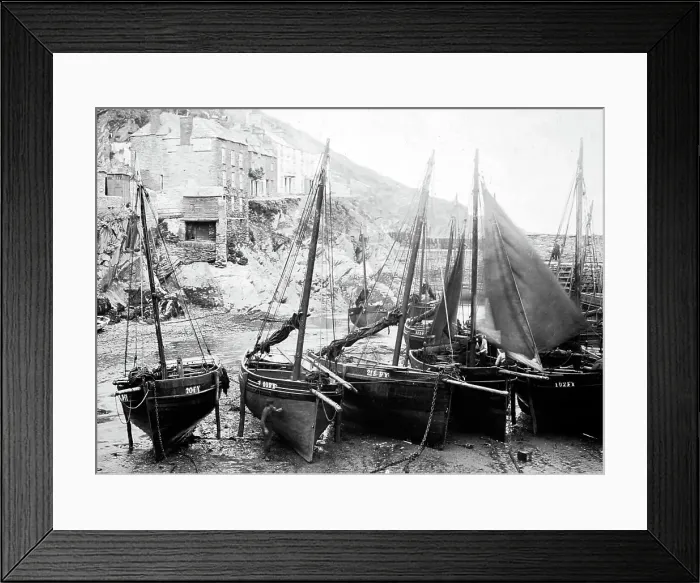 Framed Print : Fishing boats, Polperro Harbour, Victorian period Framed Print : Fishing boats, Polperro Harbour, Victorian period