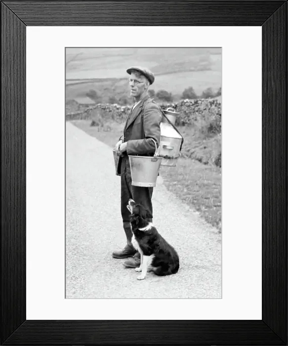 Framed Print : Yorkshire Dales farmer with his dog, probably 1920s Framed Print : Yorkshire Dales farmer with his dog, probably 1920s