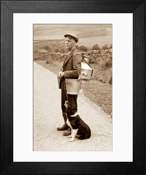 Framed Print : Yorkshire Dales farmer with his dog, probably 1920s Framed Print : Yorkshire Dales farmer with his dog, probably 1920s