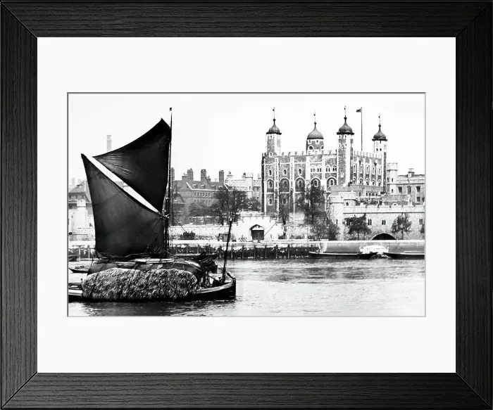 Framed Print : Tower of London and a Thames barge, Victorian period Framed Print : Tower of London and a Thames barge, Victorian period