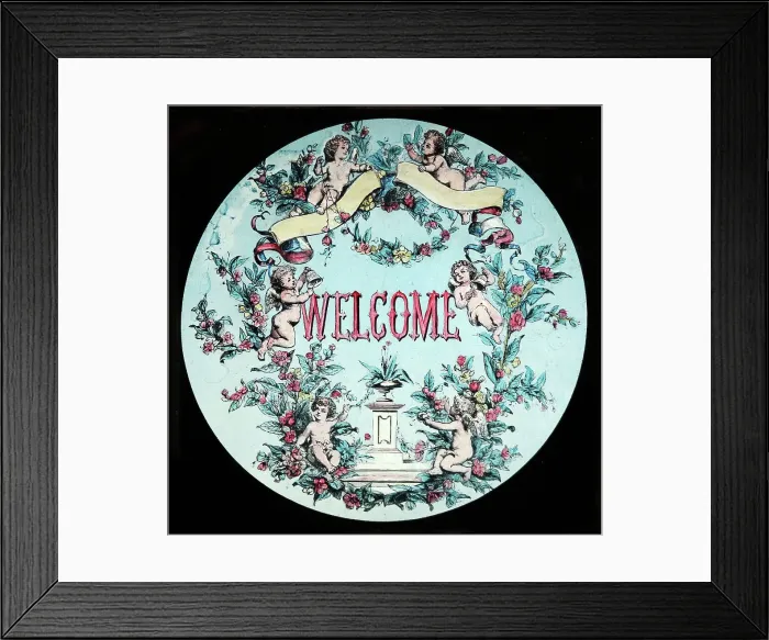 Framed Print : A Welcome magic lantern slide, Victorian period Framed Print : A Welcome magic lantern slide, Victorian period