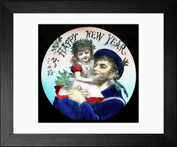 Framed Print : A Happy New Year magic lantern slide, Victorian period Framed Print : A Happy New Year magic lantern slide, Victorian period