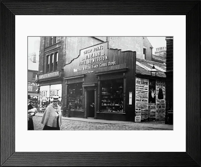 Framed Print : Cheap John's Bazaar, Hammerton Street, Burnley, early 1900s Framed Print : Cheap John's Bazaar, Hammerton Street, Burnley, early 1900s