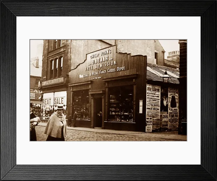 Framed Print : Cheap John's Bazaar, Hammerton Street, Burnley, early 1900s Framed Print : Cheap John's Bazaar, Hammerton Street, Burnley, early 1900s