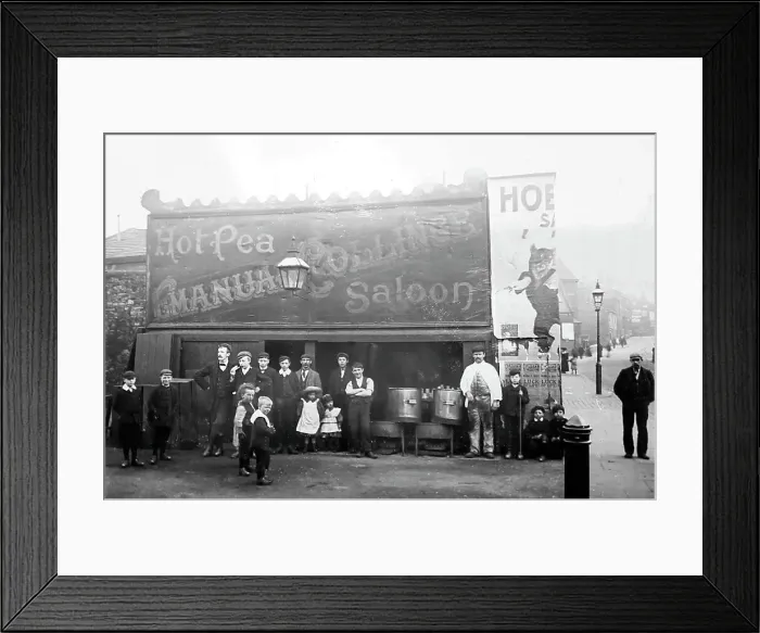 Framed Print : Hot Peas Saloon, Cattle Market, Burnley, early 1900s Framed Print : Hot Peas Saloon, Cattle Market, Burnley, early 1900s