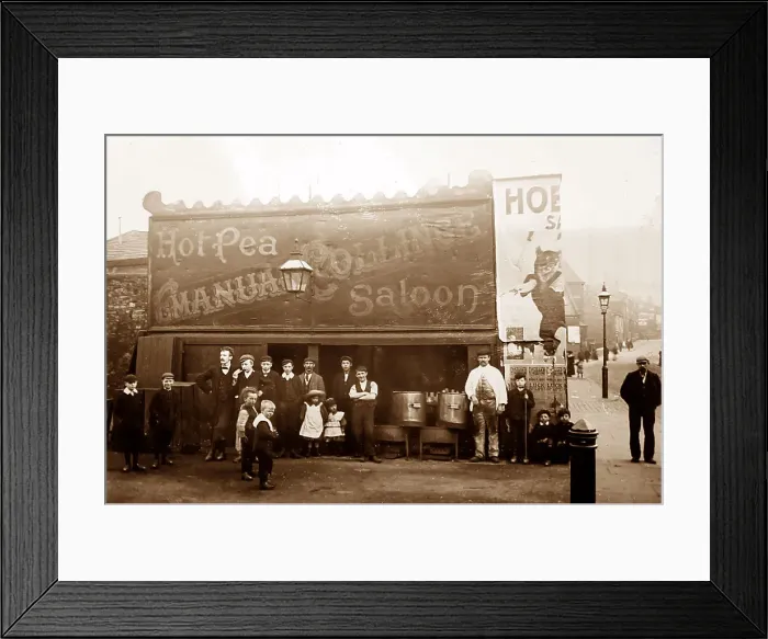Framed Print : Hot Peas Saloon, Cattle Market, Burnley, early 1900s Framed Print : Hot Peas Saloon, Cattle Market, Burnley, early 1900s